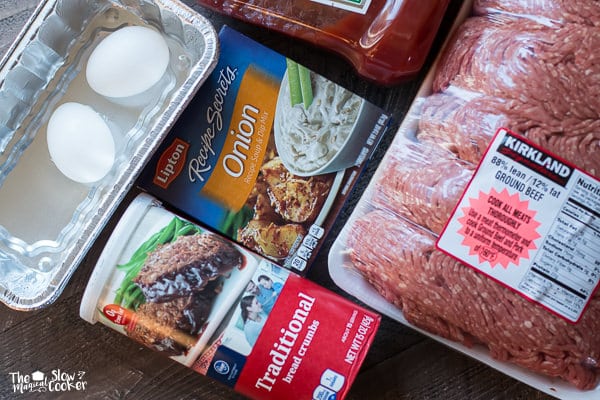 Ground beef, onion soup mix, ketchup, eggs and bread crumbs.