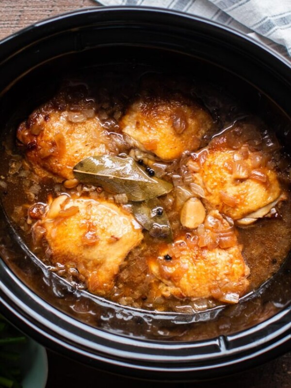5 chicken adobo chicken thighs in slow cooker.