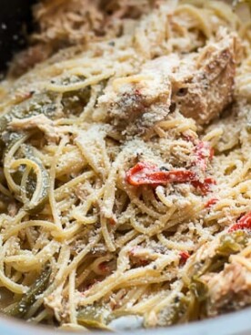 close up of chicken spaghetti in slow cooker