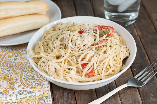 Bowl of chicken spaghetti in white bowl