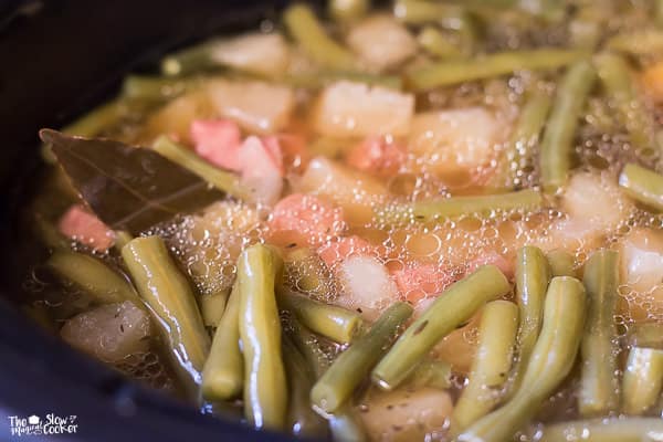 Green beans and ham in broth in slow cooker