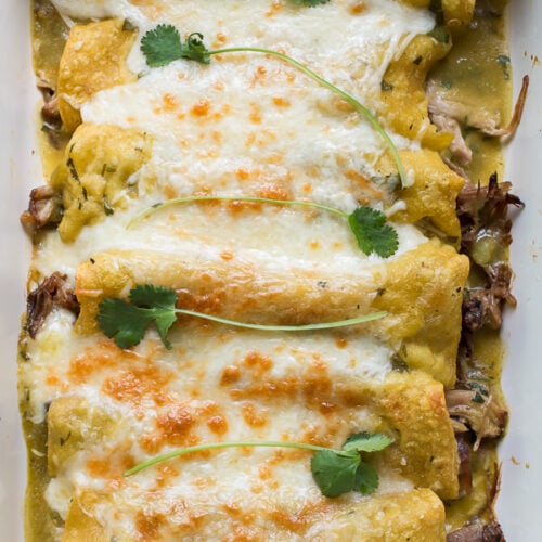pork enchiladas in green sauce with cheese on top (9 by 13 pan)