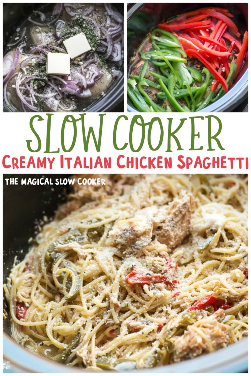 collage of creamy italian chicken spaghetti images