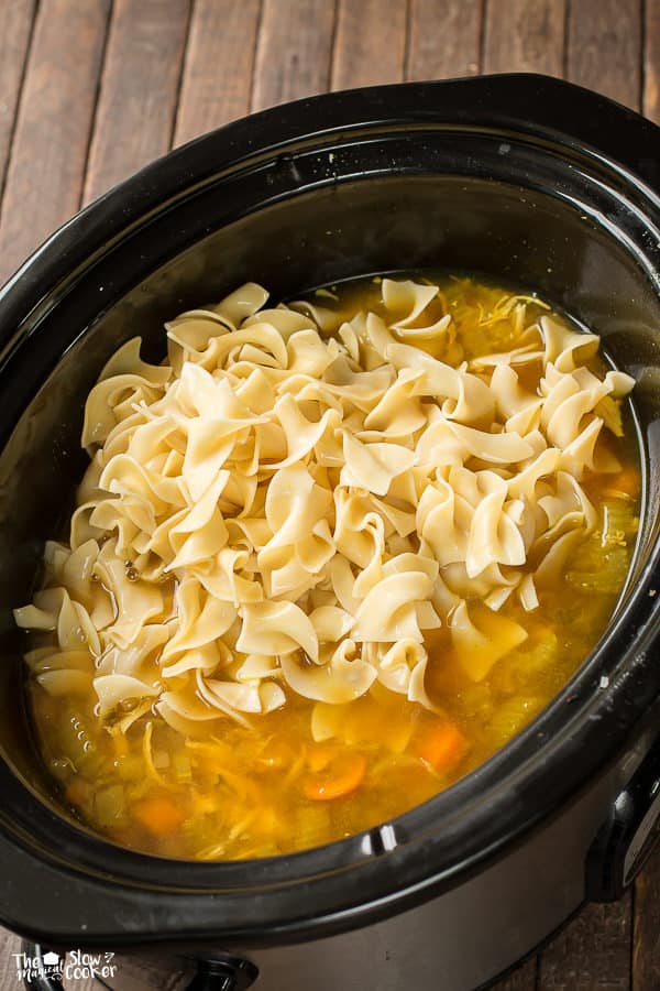 chicken broth, chicken and carrots with cooked egg noodles on top.