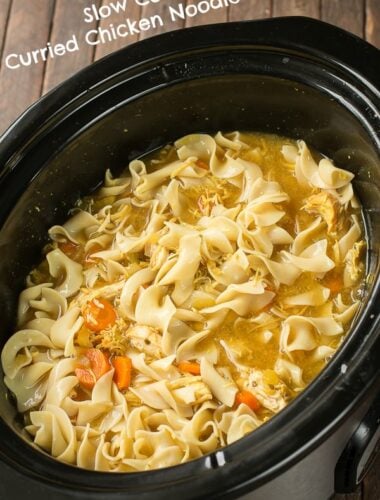 curried chicken noodle soup in a slow cooker
