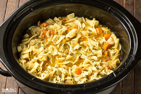 curry chicken noodle soup done cooking in the slow cooker