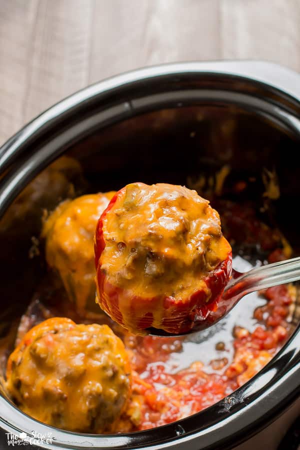 Slow Cooker Taco Meat Loaf Stuffed Peppers in salsa with cheese on top
