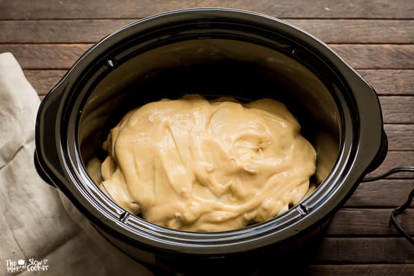 Cream of chicken and soup mixture on top of chicken and cheese in slow cooker