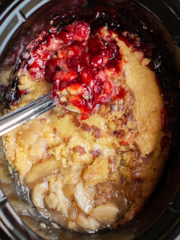 Cobbler with cherry on one half and apple on the other.