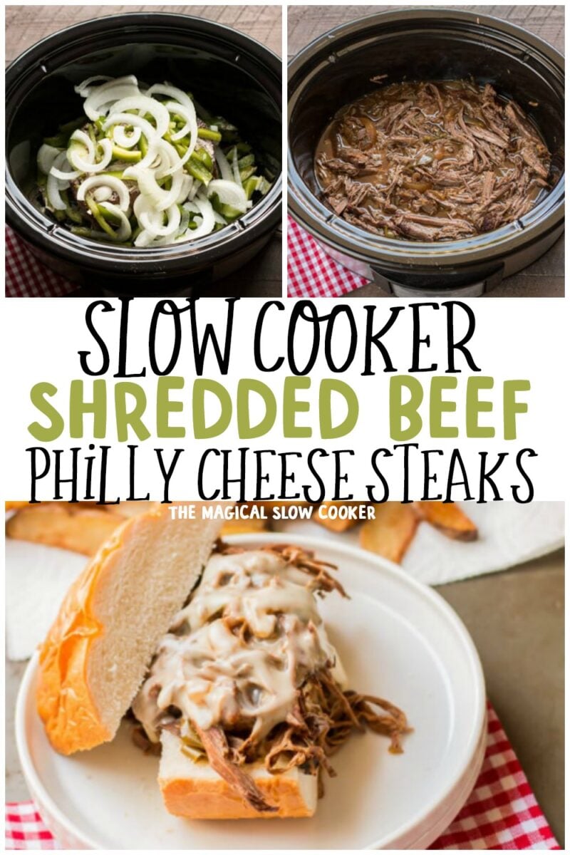 collage of photos of shredded beef philly cheese steak for pinterest