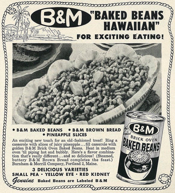Vintage ad for Hawaiian baked beans made with B&M Baked Beans