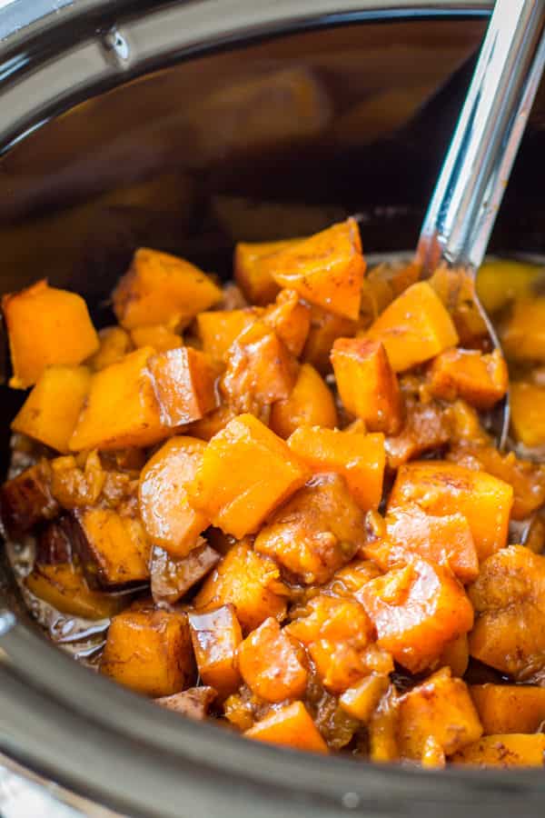 close up of cooked butternut squash in the slow cooker.