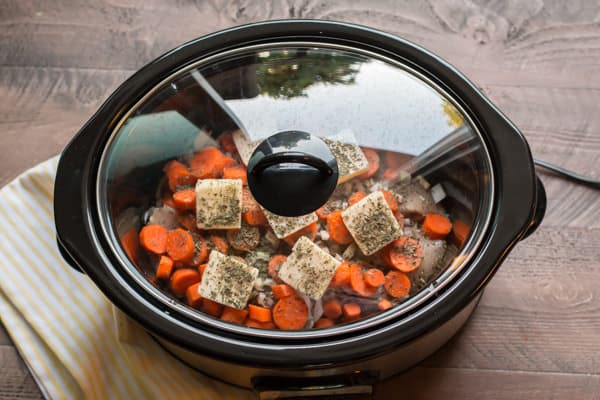 chicken, butter, carrots and seasonings in a slow cooker.