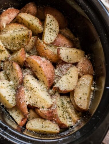 Garlic parmesan potatoes done cooking in slow cooker.