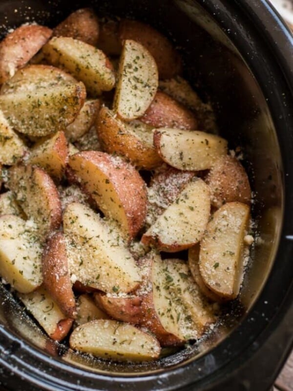 Garlic parmesan potatoes done cooking in slow cooker.
