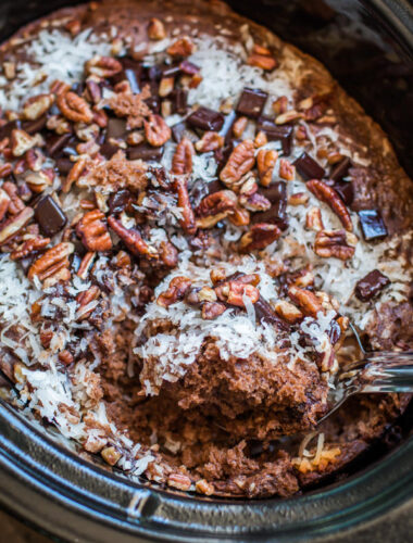 close up of german chocolate spoon cake.