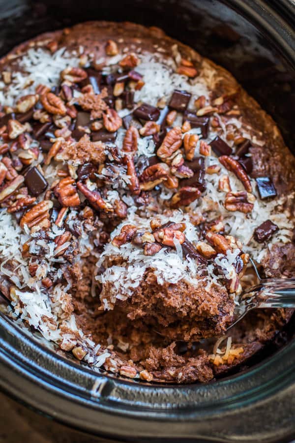 close up of german chocolate spoon cake.