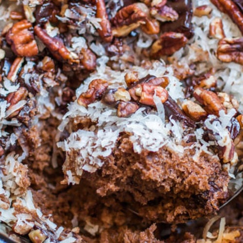 close up of german chocolate spoon cake