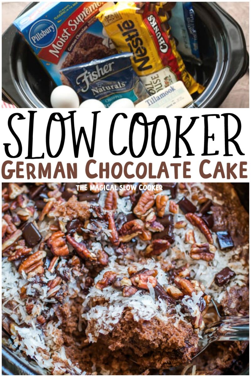 collage of german chocolate cake images with text overlay