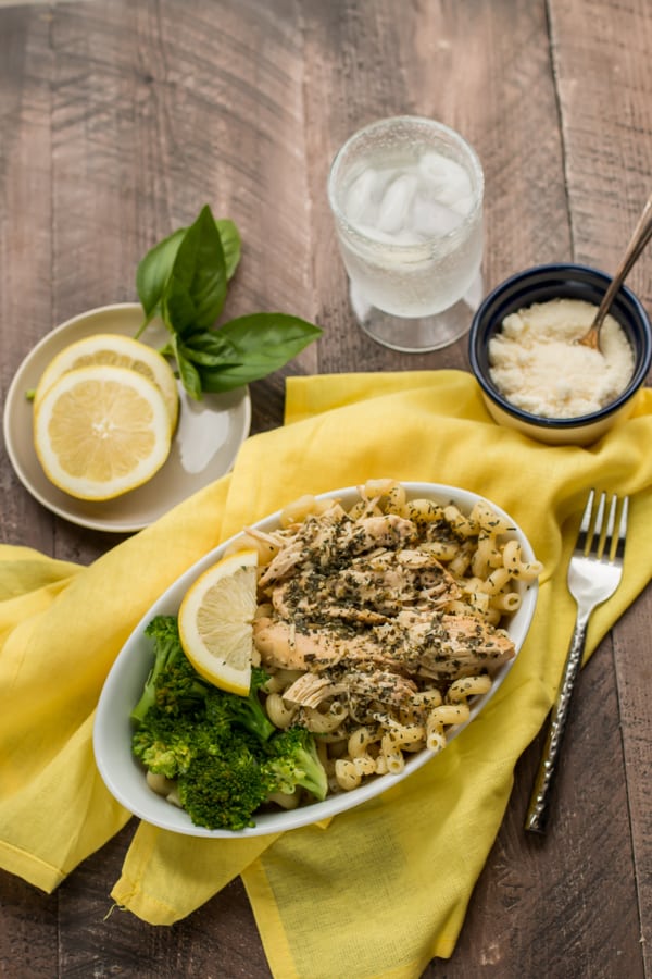 lemon pesto chicken and pasta in a bowl
