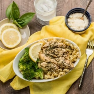 curly noodles, chicken and broccoli in a oval bowl.