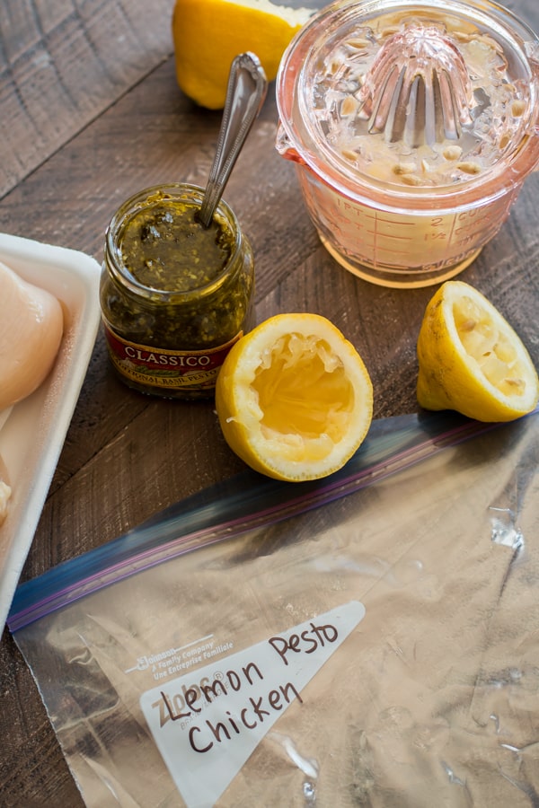 juiced lemons, pesto, chicken and a ziplock bag