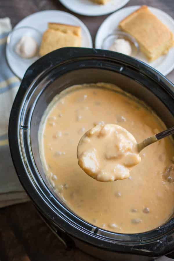 Potato cheese soup in a slow cooker.