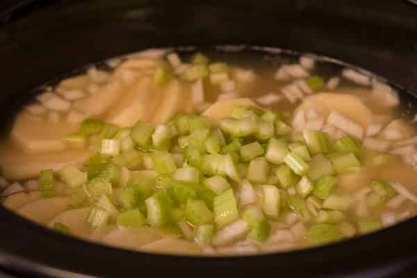 broth, celery, potatoes and onions in a slow cooker.