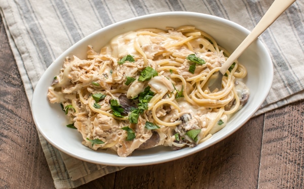 bowl of chicken tetrazinni with fork in it.