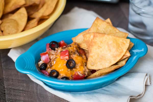 blue bowl of enchilada dip.