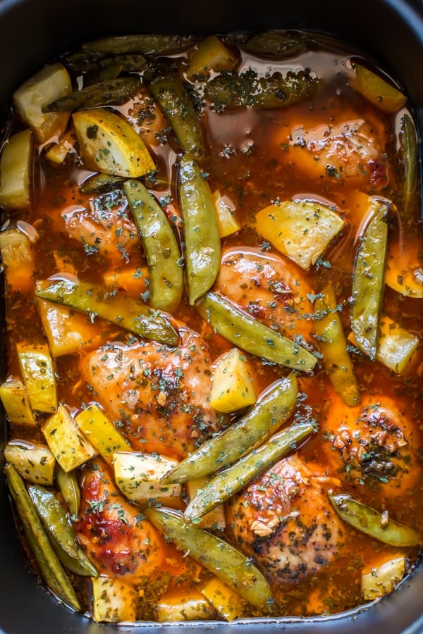 chicken thighs, snow peas and squash in sauce,.