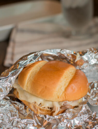 pulled pork sandwich with white cheese on it.
