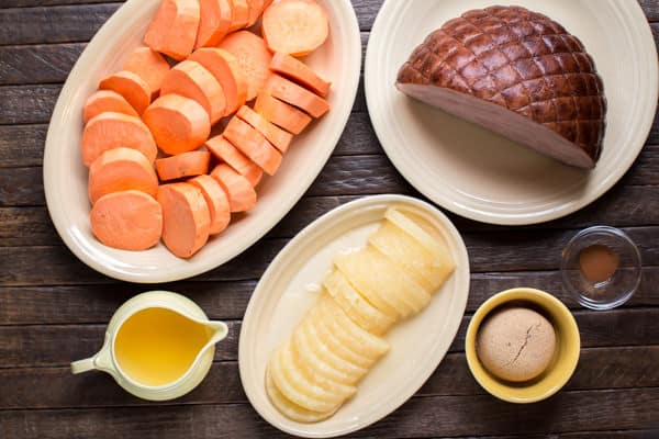 sliced sweet potatoes, ham, pineapple slices, pineapple juice, brown sugar and cinnamon.