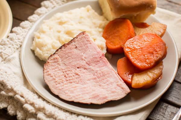 close up of ham dinner on a plate.
