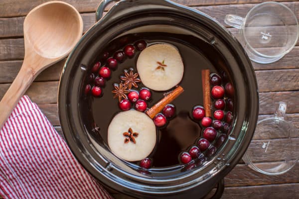 overhead shot of cranberry apple cider.