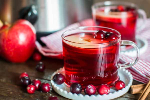 cranberry apple cider in a mug with an apple slice and cranberries