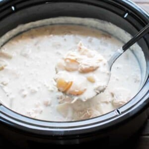 scoop of potato chicken soup coming from a slow cooker.
