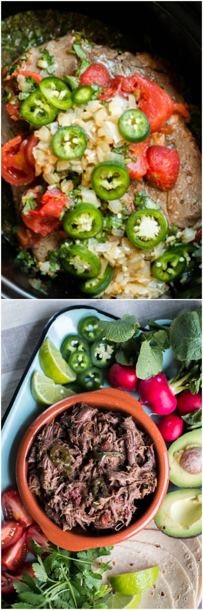2 images of mexican shredded beef.