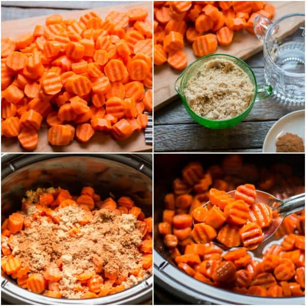 4 images showing how to make candied carrots.