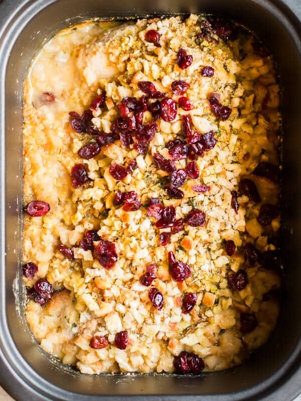 chicken breasts, stuffing and cranberries in a slow cooker.