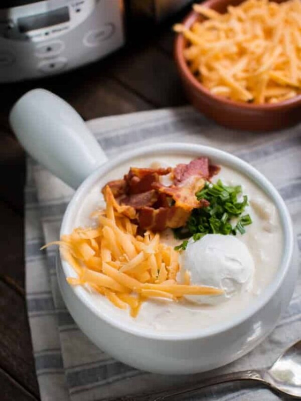 loaded chicken potato soup with toppings.