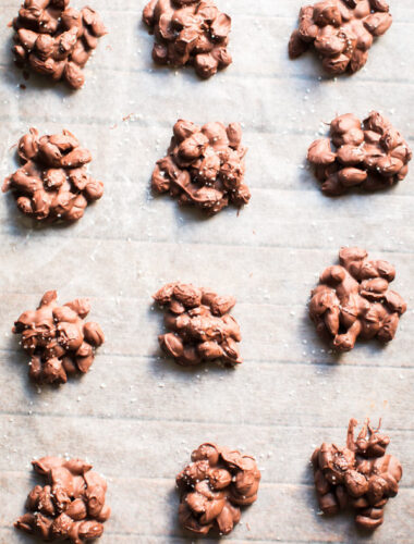 almond chocolate sea salt clusters on parchment paper.