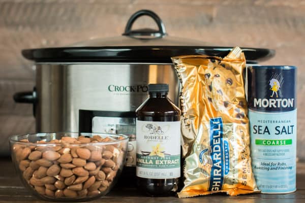 chocolate chips, almonds, vanilla and salt in front of a slow cooker.