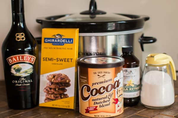 slow cooker with baileys bottle, bakers chocolate, cocoa powder, vanilla and sugar.