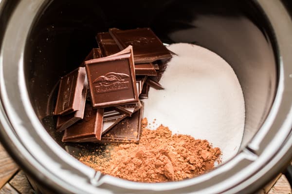 ingredients in slow cooker for hot chocolate with baileys Irish cream
