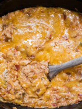 fiesta chicken casserole with spoon in it.