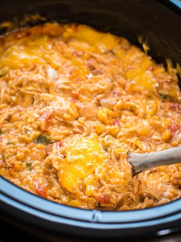 fiesta chicken rice with cheese in a slow cooker.
