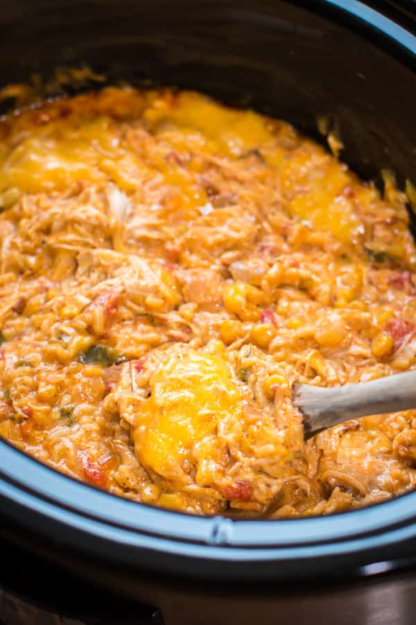 fiesta chicken rice with cheese in a slow cooker.