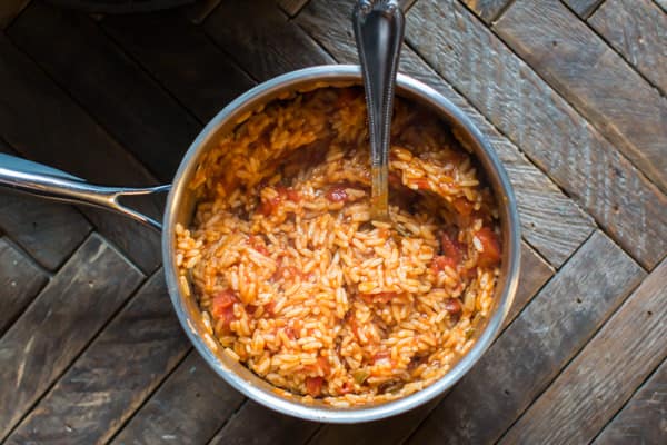 cooked spanish rice in a pan.