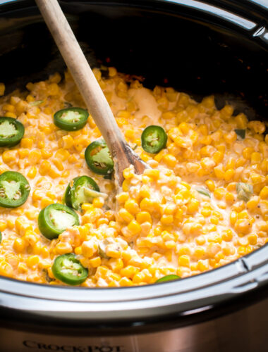 creamy jalapeno corn in a slow cooker.